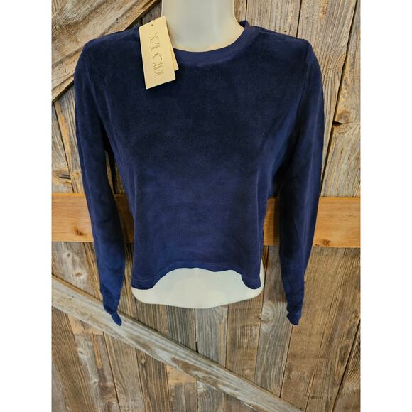 NWT (flaw) Suzie Kondi Keshni Long Sleeve Velour Navy crop sweater lounge small - Picture 1 of 8